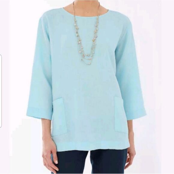 J.JILL | Purejill 100% Linen Lightweight 2-Pocket Tunic Chore Top | Aqua | Small - Picture 1 of 8